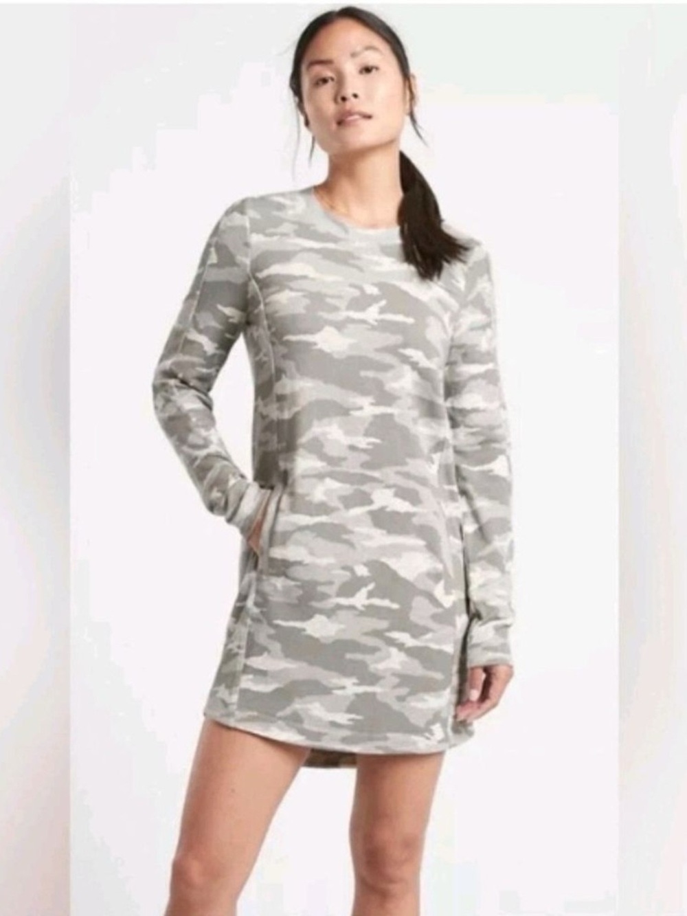 Athleta Gray Camo Long-Sleeve Sweatshirt Dress